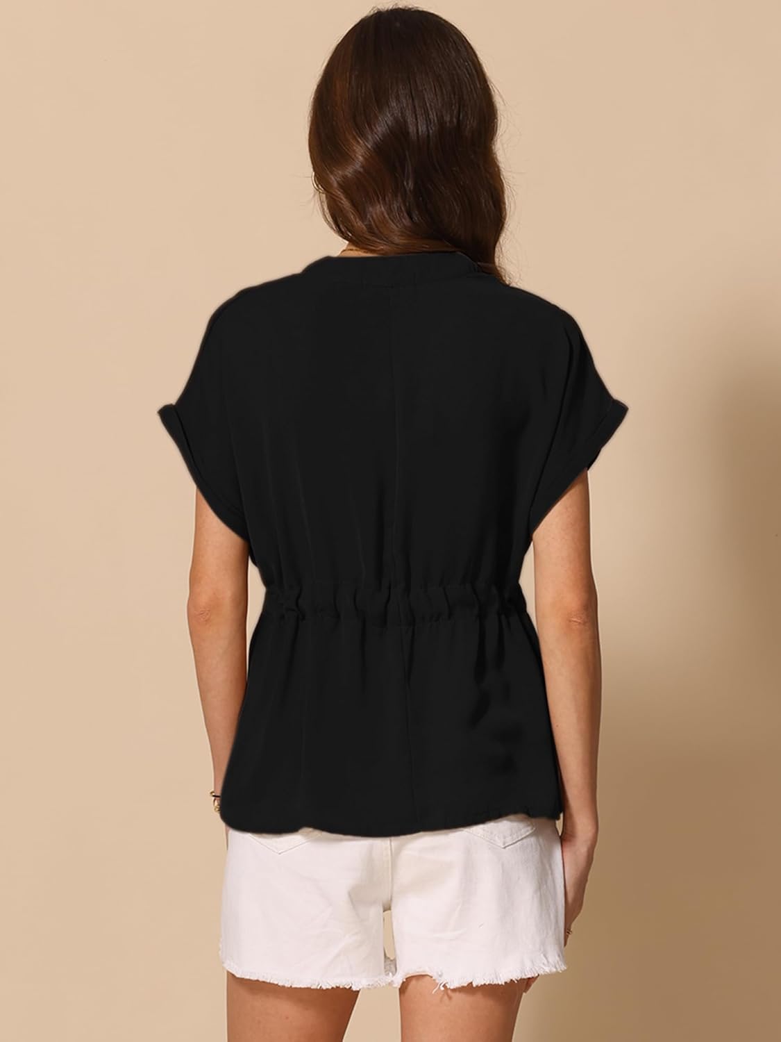 Allegra K Women's Button Down Blouses Dressy Casual Peplum Top Short Sleeves Summer Cinched Waist Tops - Image 4