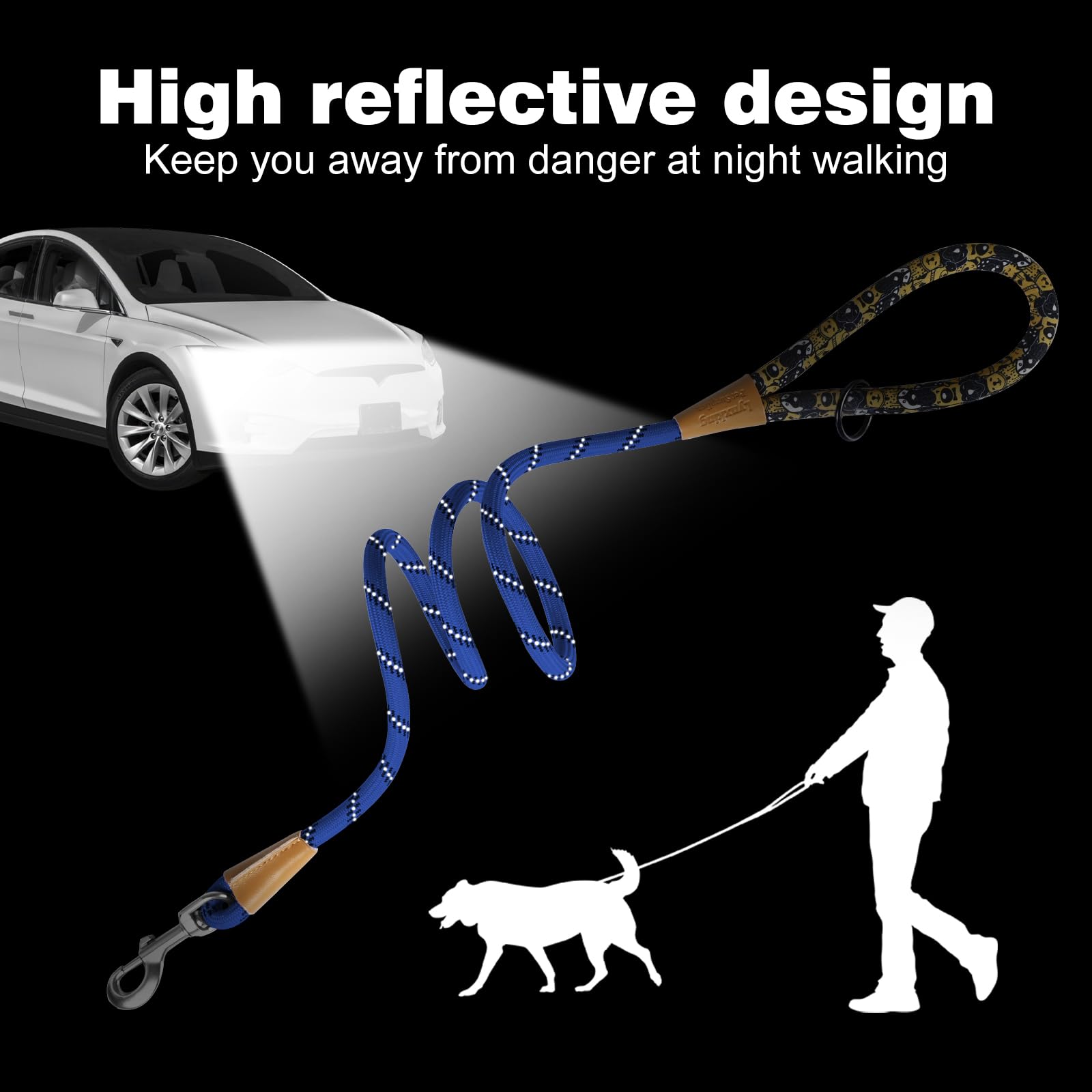 Lynxking – Laisse pour chien en corde de 1,8 m avec poignée rembourrée confortable, laisse à fils hautement réfléchissants pour chiens de petite, moyenne et grande taille (Bleu, 2PCS Grande 1/2po x