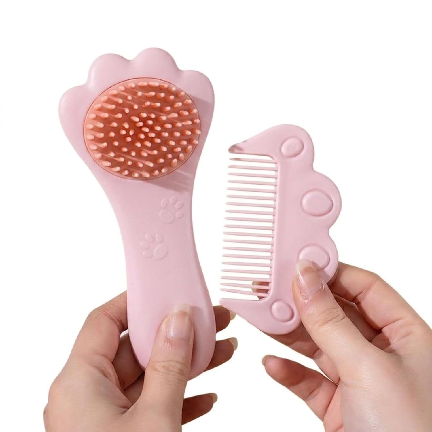 ds enterprise baby hair brush and comb set – soft silicone cradle cap scalp massager brush & detangling fine comb, cute cat paw grooming set for newborns, toddlers & infants (pink)