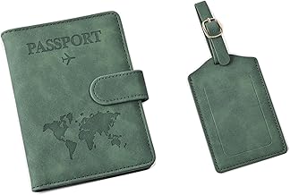 Protege Passeport et Etiquette Valise Set, Cuirs Pochette Passeport avec Etiquette Bagage, Protège Passeport Francais avec RFID pour Voyage Protection Passeport Etui, Porte Passeport (Vert)