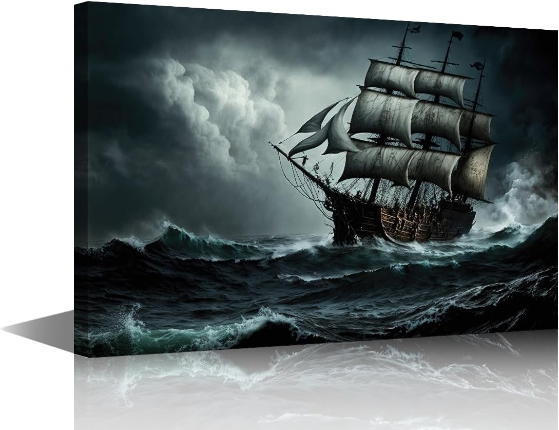TUMOVO Fantasy Boat Canvas Paintings Foggy Bedroom Wall Art Contemporary Home Decor Old Ship Sailing in Stormy Sea Bathroom Decor Wall Art Modern Artwork Ready to Hang for Living Room Office 36x24 in