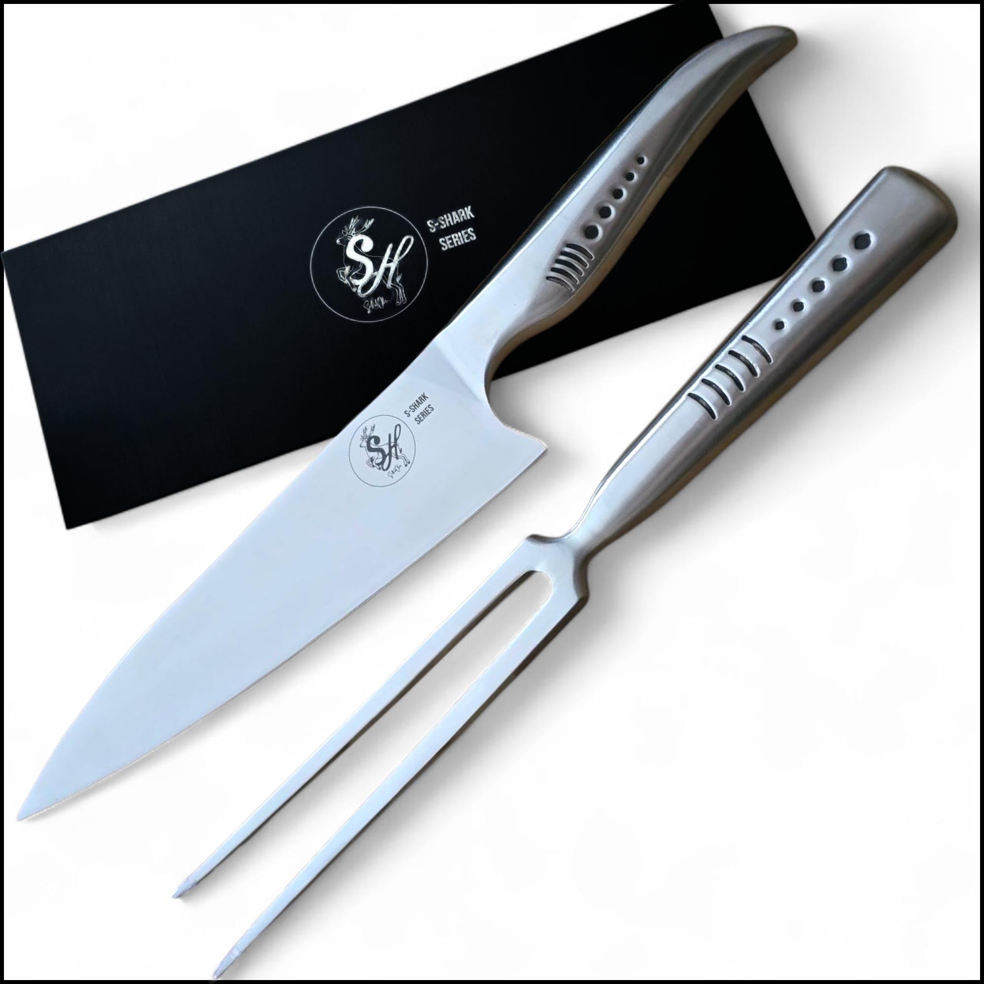 S Shark Messerset – Chefmesser 36 cm & Fleischgabel 32 cm – Voll-Edelstahl – Silber – Profi BBQ & Küchen Set – Haifisch-inspiriertes Design – Teil der S Shark Serie