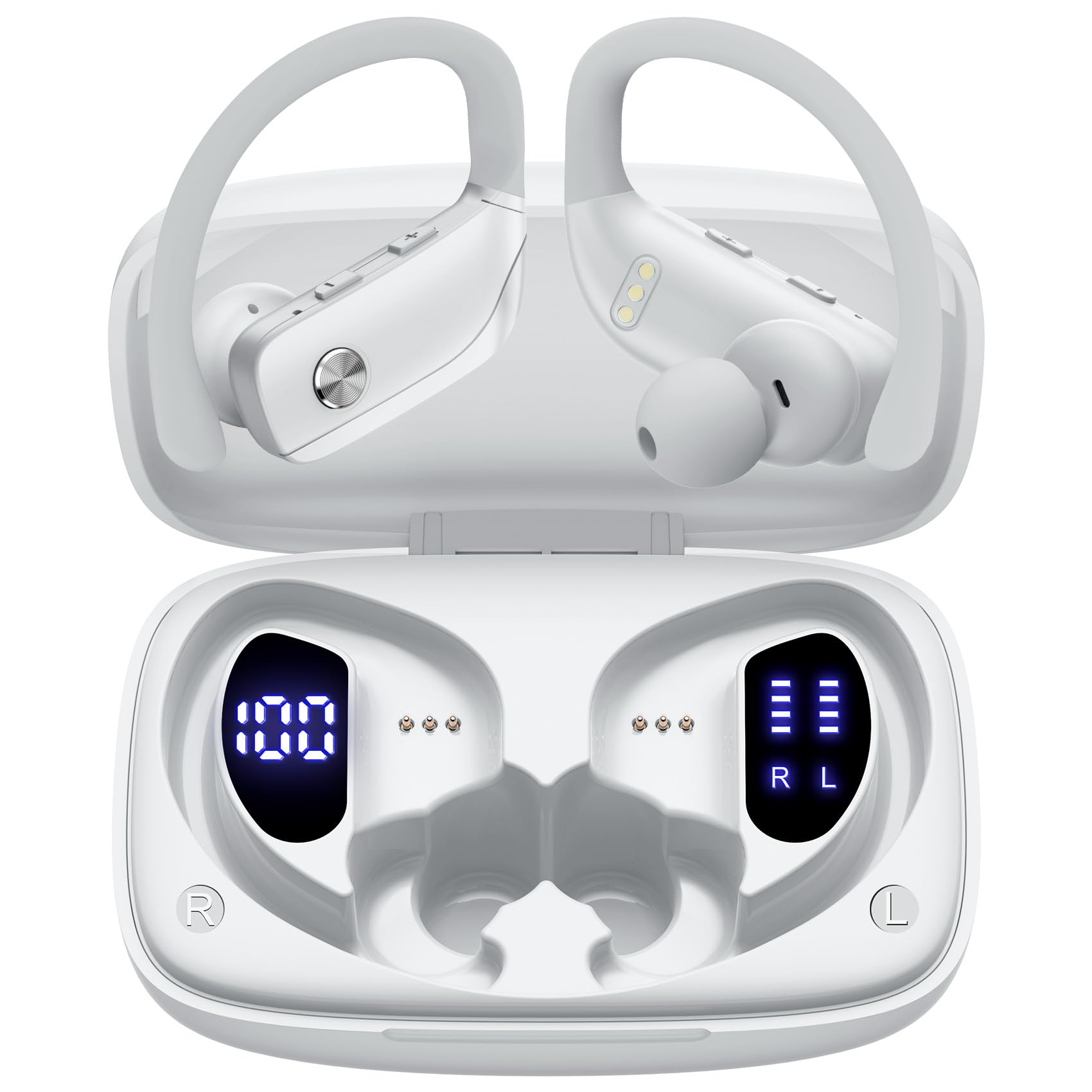 bmani Ear Buds Wireless Earbuds Bluetooth Headphones with 80H Playtime LED Display Case, Over-Ear Hook with Mic, Stereo Sound, Easy Button Controls, Sports Earphones for Running Workout Gym White