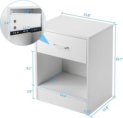 Miniatura 3 de Mesita de noche blanca, mesa auxiliar de 2 niveles con cajón y estante de almacenamiento abierto, mesa auxiliar de mesita de noche, mesita de noche