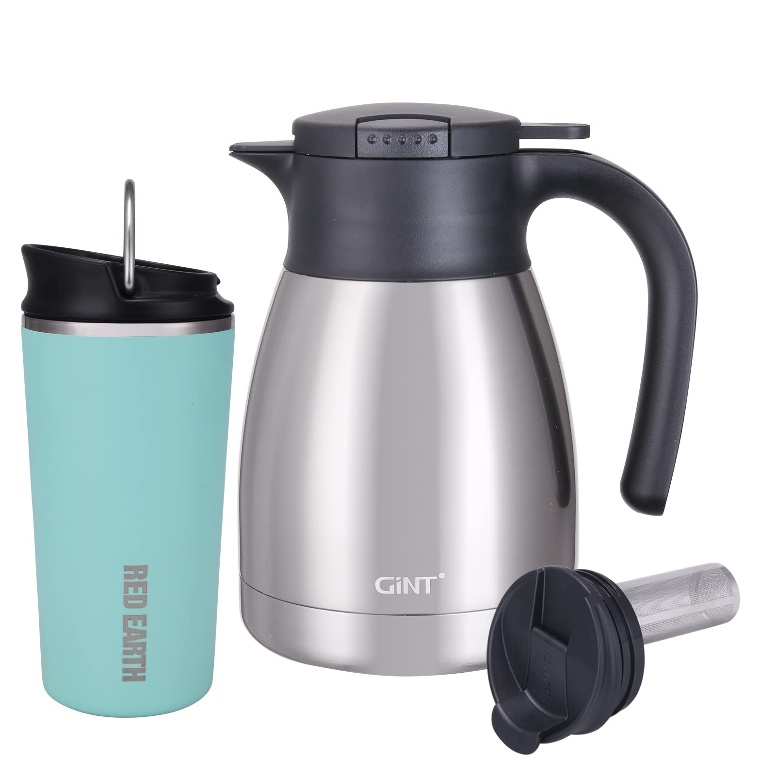 GiNT 34Oz Thermal Coffee Carafe + 17 Oz Insulated Tumbler Travel Tea Mug With Slider Lid and Flip Lid with Filter(Green)