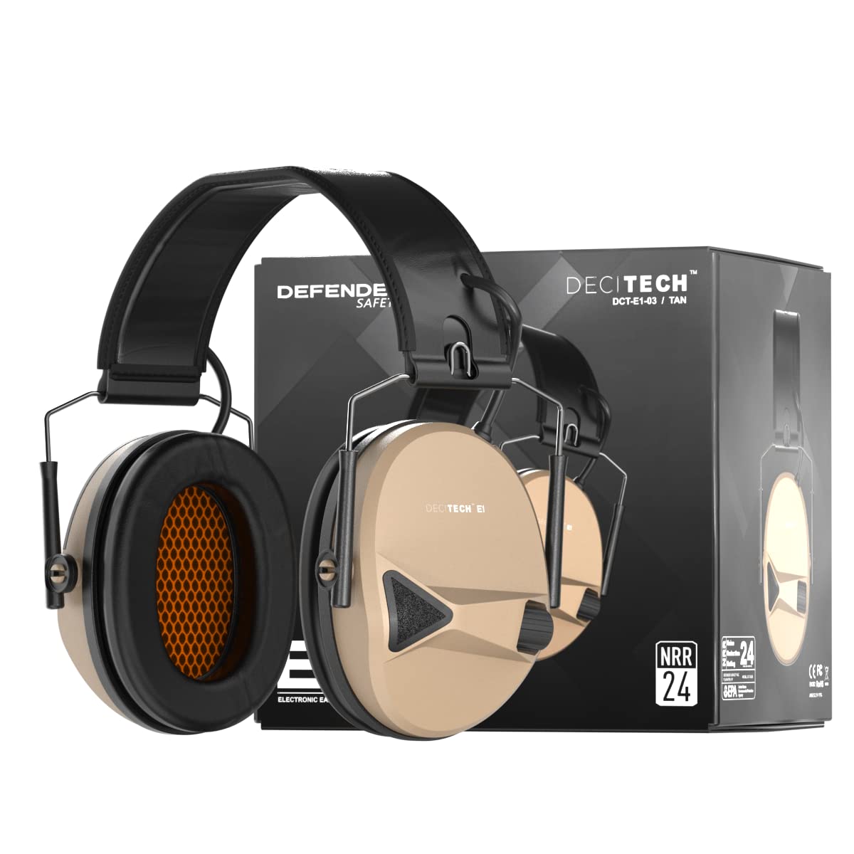 Defender Safety Decitech E1 Electronic Active Hearing Protection, Shooting, Range, Hunting, Tactical Earmuffs, 24 NNR Rated.
