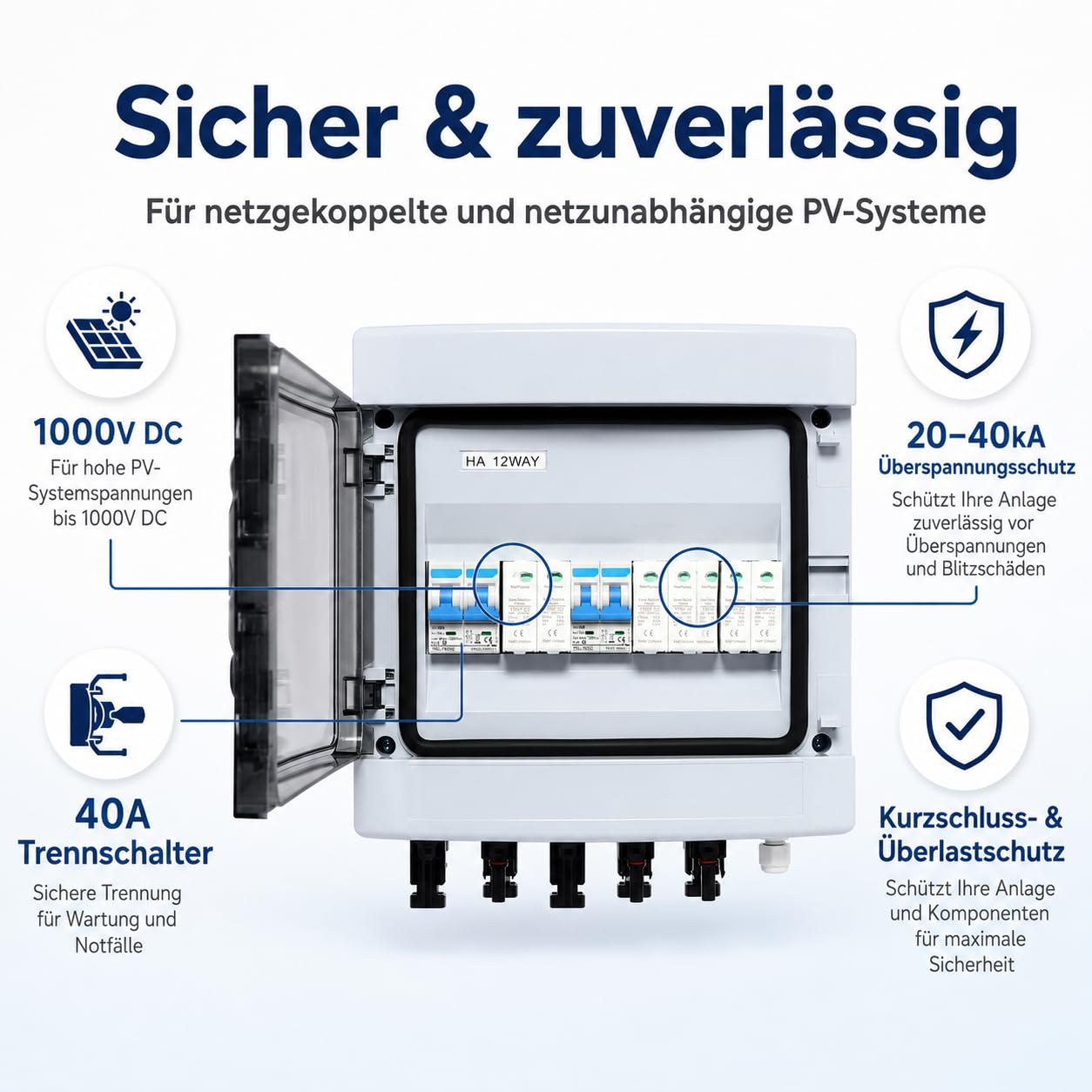 Solarmodule Combiner Box, 6-String (3 in 3 out) DC Solar Überspannungsschutz mit 1000V 40A Trennschalter, IP65 PV-Combiner-Box für Outdoor-Solarmodulen, Wohnmobilen