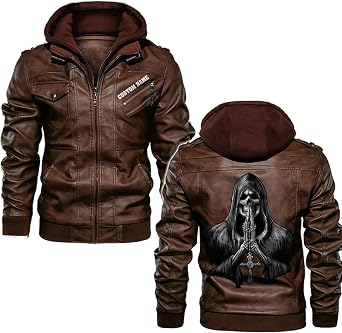 Reaper Death Grim Ghost Evil Praying Gothic Dark Skull Custom Name Men Leather Jacket Coat Removable Hood
