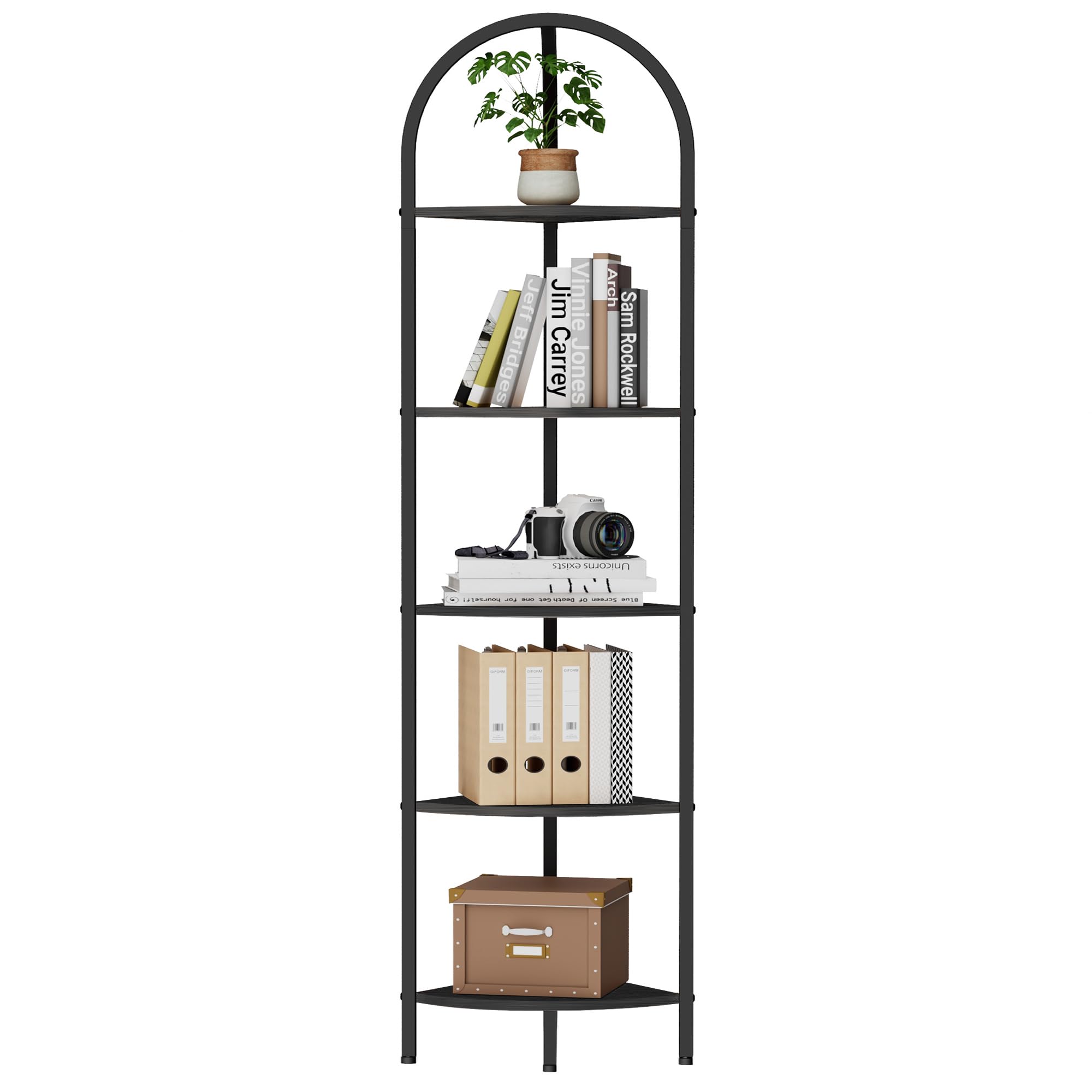 Homhedy 5-Tier Arched Corner Shelf Stand, Wall Corner Bookshelf with Metal Frame, Plant Stand, Industrial Storage Rack Shelf for Living Room, Bedroom, Office, Bathroom, Black