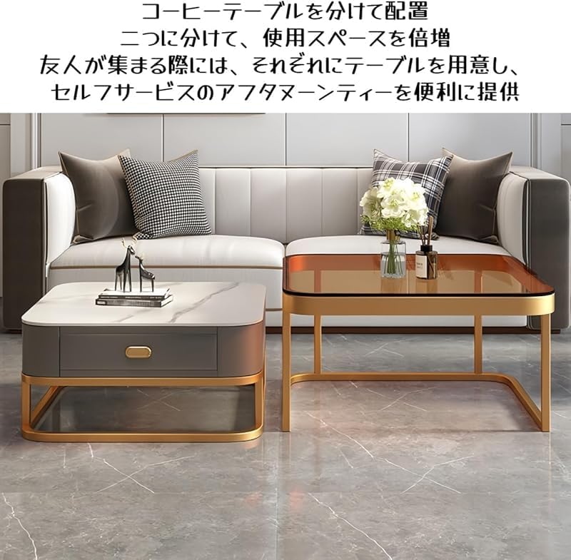 2 点セット 70 グレーガラス + 60 ホワイト岩板 黒フレーム白引き出し 【キャビネットファッションデスクベッドルーム】 大理石風天