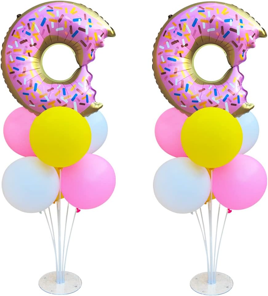 Donut Table Centerpiece Balloons Stand Kit 2 Sets with 2 Doughnut Foil Balloons and 14 Latex Pastel Balloons for Donut Time Decoration Birthday Party Wedding Baby Shower Party Decoration