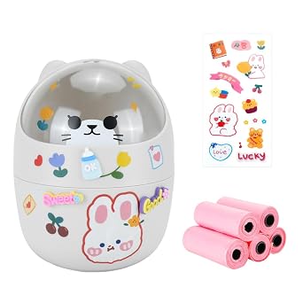Portable Gray PP Plastic Mini Lidded Desktop Trash Can | Lovely Cartoon Outlook, Matching 5 Rolls Bin Liners and Stickers, Tiny Storage Container for Bedroom Desk, Car and Kitchen