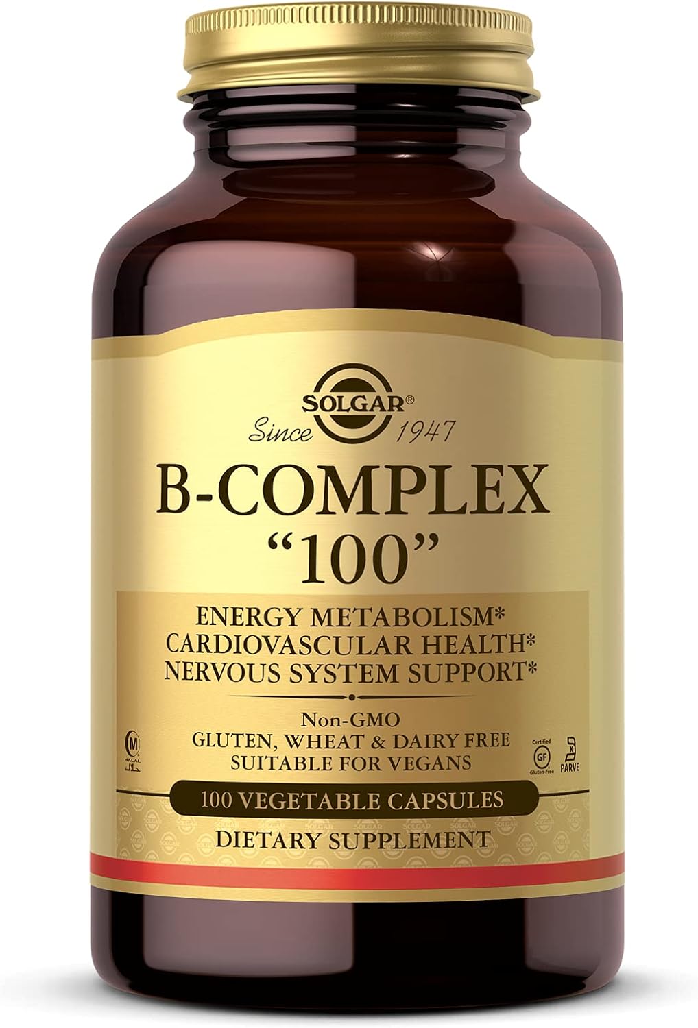 Solgar B-Complex "100", 100 Vegetable Capsules - Heart Health - Nervous System Support - Supports Energy Metabolism - Non GMO, Vegan, Gluten Free, Dairy Free, Kosher, Halal - 100 Servings : Health & Household