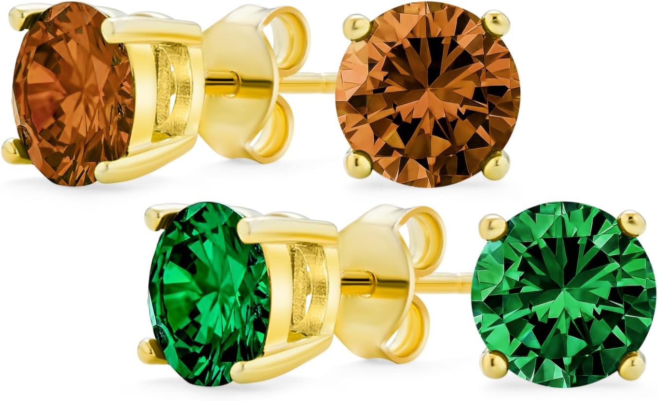 Classic Round Cubic Zirconia Solitaire Stud Earrings For Women Unisex Traditional .925 Sterling Silver Brilliant Cut AAA CZ Stones Rose Yellow Gold Plated Multiple Colors 1CT -5CTW