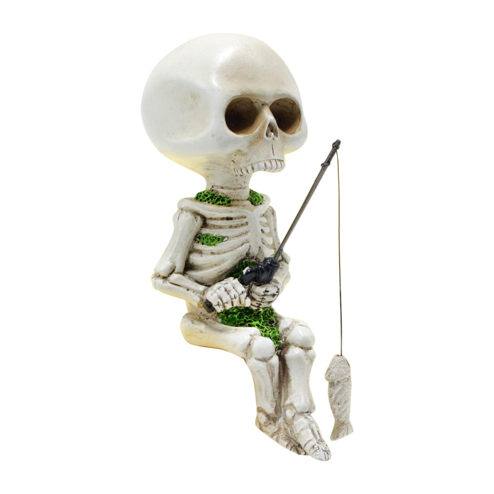 Glifora Yard Ornament - Realistic Fishing Skull Shape Synthetic Resin Sculpture, Distressed Sitting Skull Design Figurine for Fish Tank Landscaping