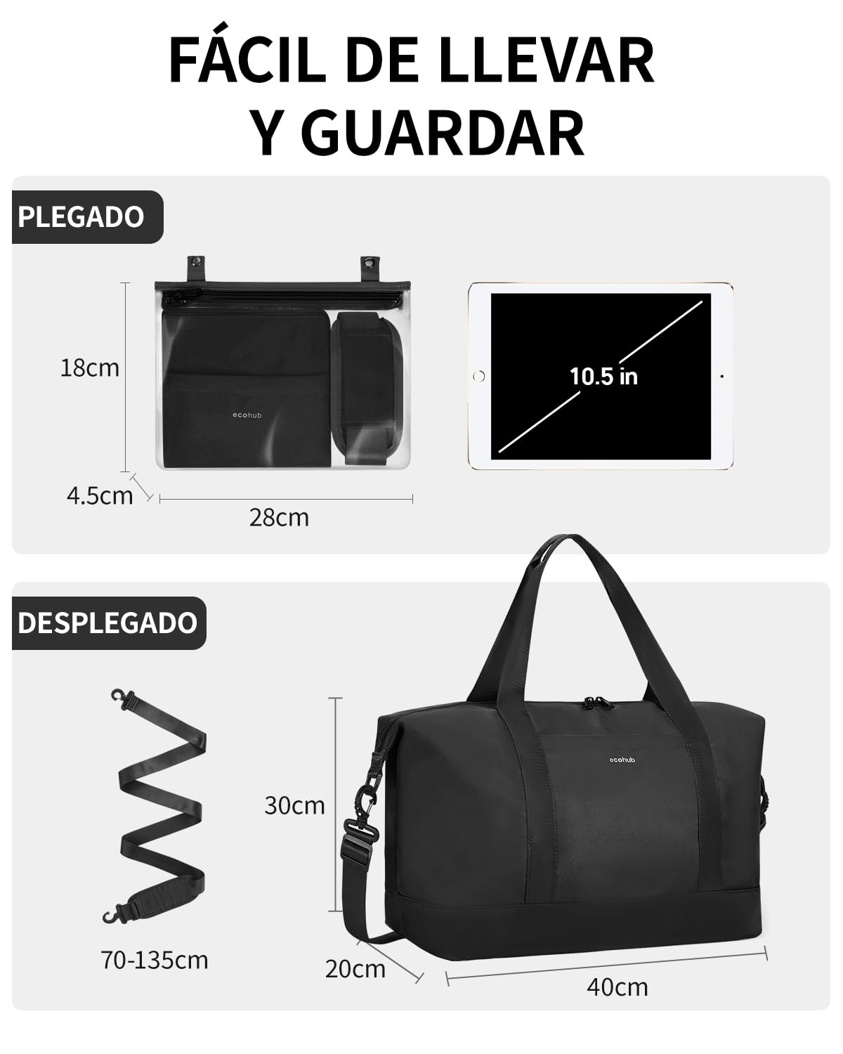 ECOHUB Bolsa de Viaje 40x30x20, para Ryanair Vueling Wizzair, Equipaje de Mano Impermeable, Bolsos Plegable con Húmedo Extraíble, Bolsas Deporte Gimnasio Mujer, Patente Pendiente 24L (Negro)