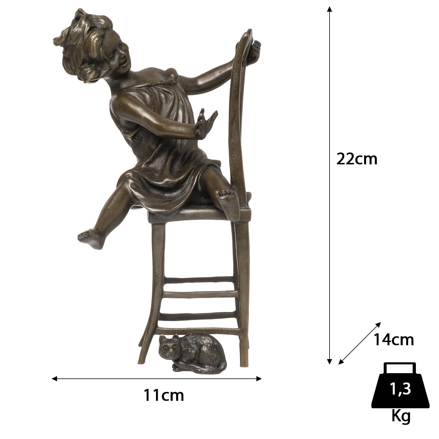 Figurka z brązu dziewczyna na krześle z kotem 22 cm wysokości z prawdziwego brązu wykonana z bogactwem szczegółów rzeźba artystyczna do salonu, regału lub kredensu, figurka dekoracyjna, nostalgiczna