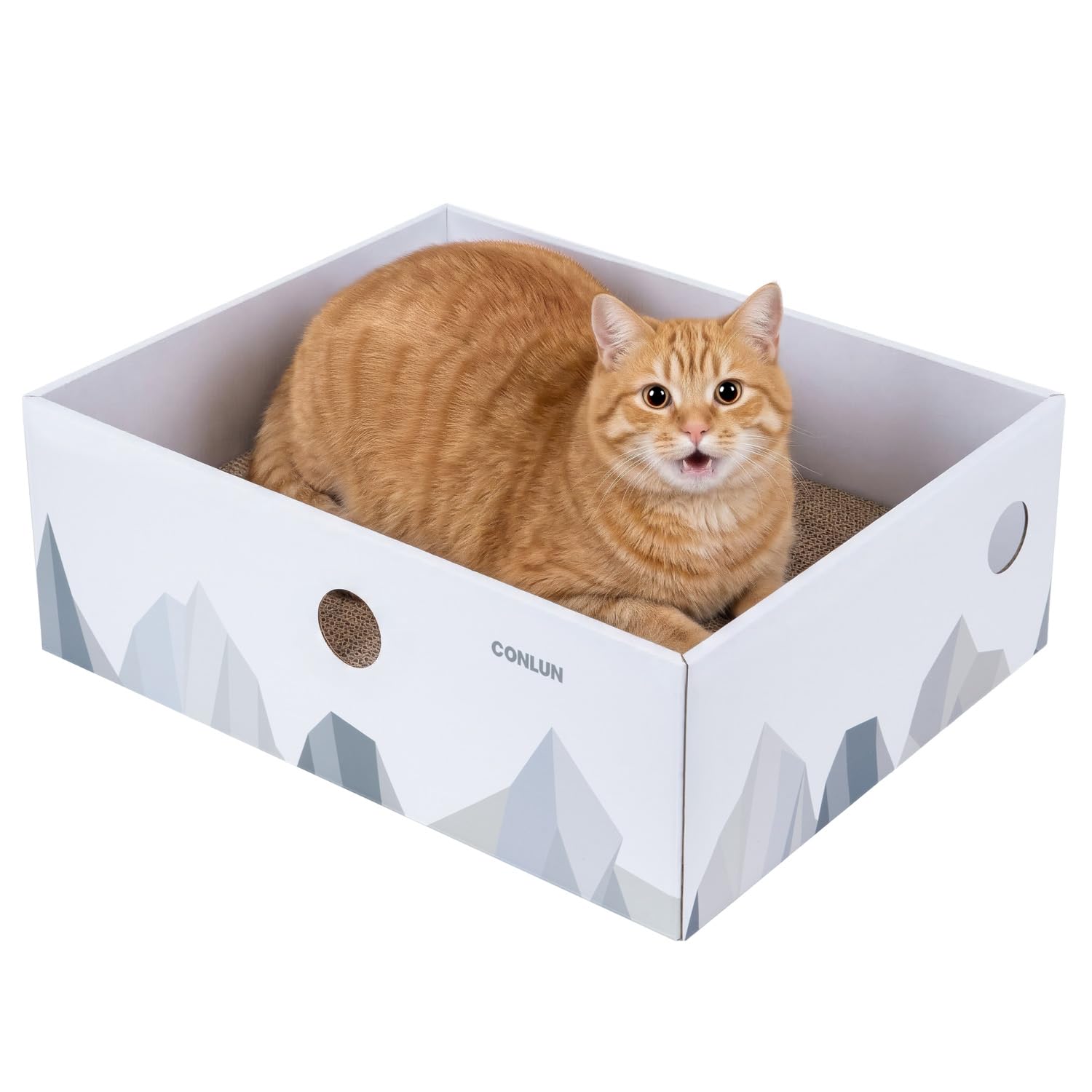 Conlun Rascador para Gatos con Caja, Rascador Gato Grande y Resistente, Doble Cara, Agujeros Interactivos, Zona de Descanso Antisuciedad para Interior (1 Unidad, Grande, Blanco) — view 13