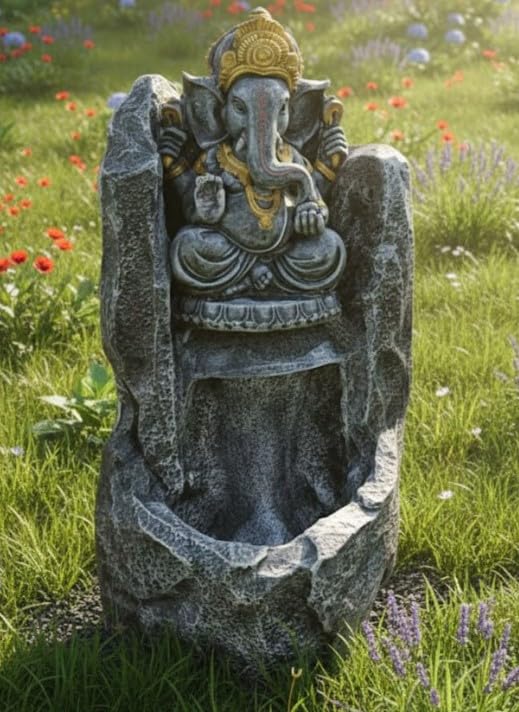 Image of Pahad Big Fiber Ganesh Ji 2.3feet Water Fountain Showpiece Idol for Home Living Room Temple Decor with Led Lights Table Top Decoration Gifting Item, Color -Black
