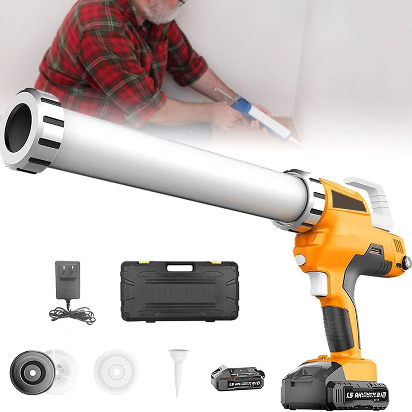 Pistola de calafateo eléctrica 21 V con baterías y Cargador, Adecuada para Cartuchos de 20 oz 600 ML y Paquetes de Salchichas, Pistola de calafateo inalámbrica Profesional para,1battery
