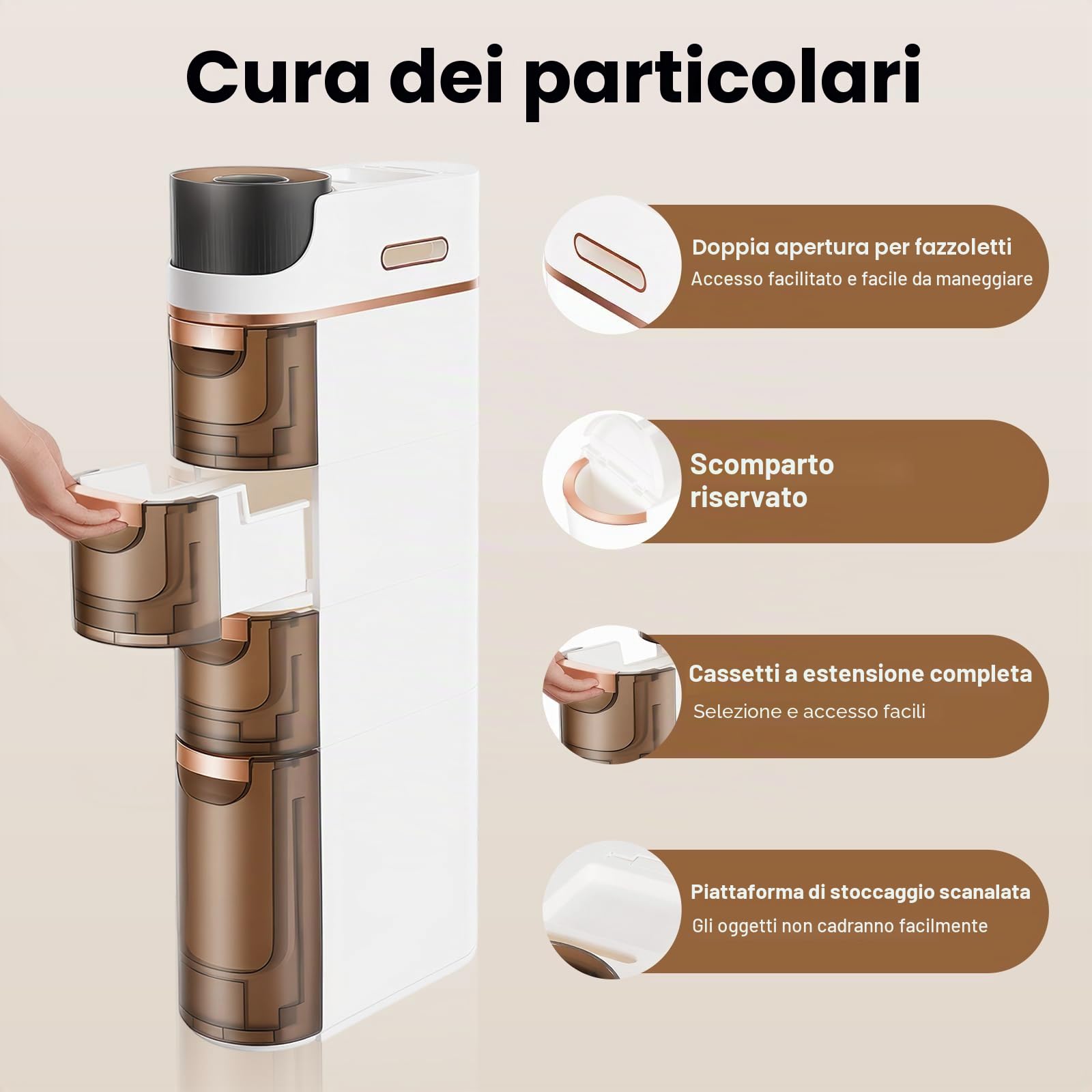 Armadio per nicchia a 4 scomparti, sottile con scomparti e ruote, in plastica, salvaspazio, per piccoli bagni, 17 x 40 x 90 cm
