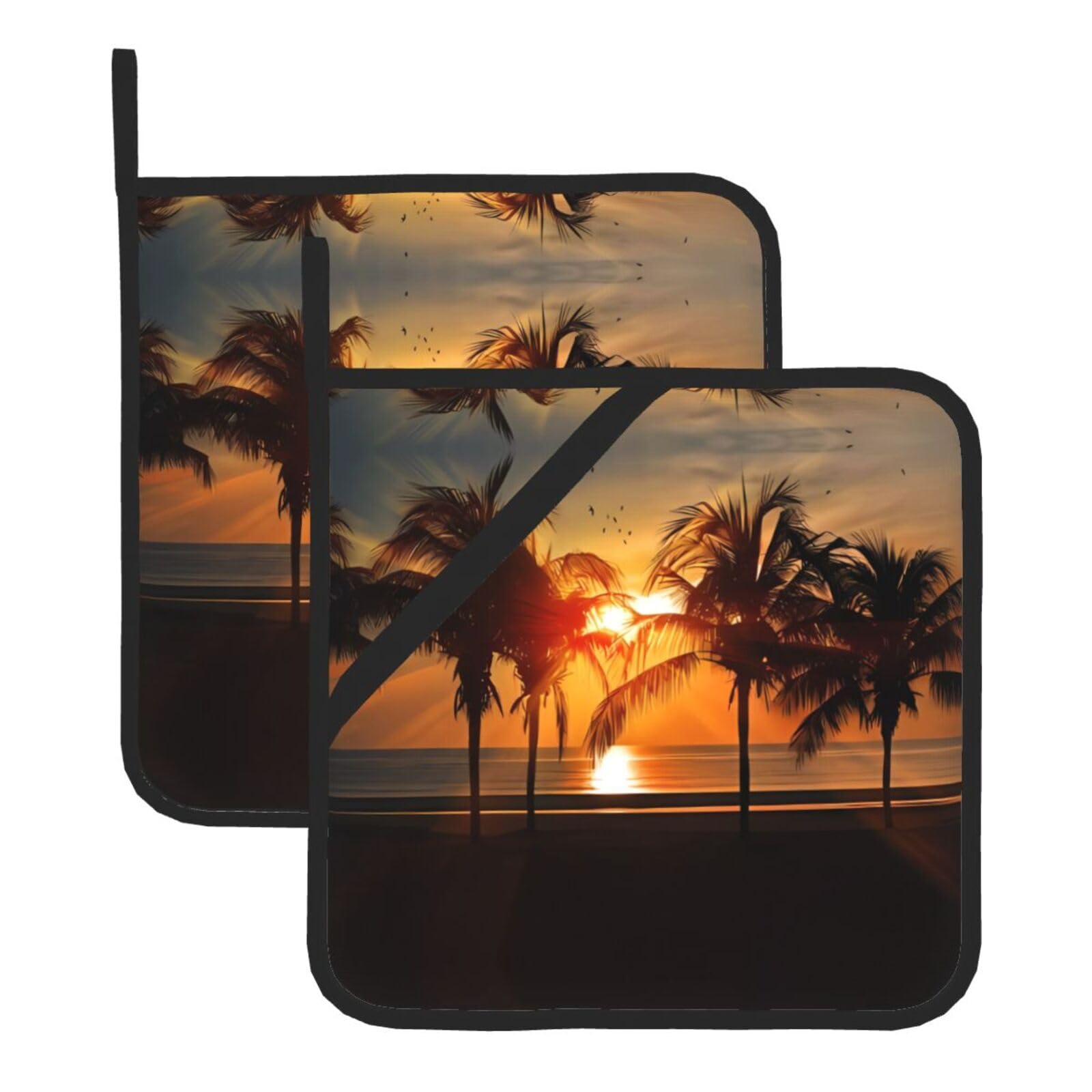 WHJDPP Dusk Coconut Trees Prints Square Hot Pads for Kitchen - Waterproof Pot Holders Set of 2, Durable Trivets with Pocket & Hanging Loop for Hot Dishes & Oven Use