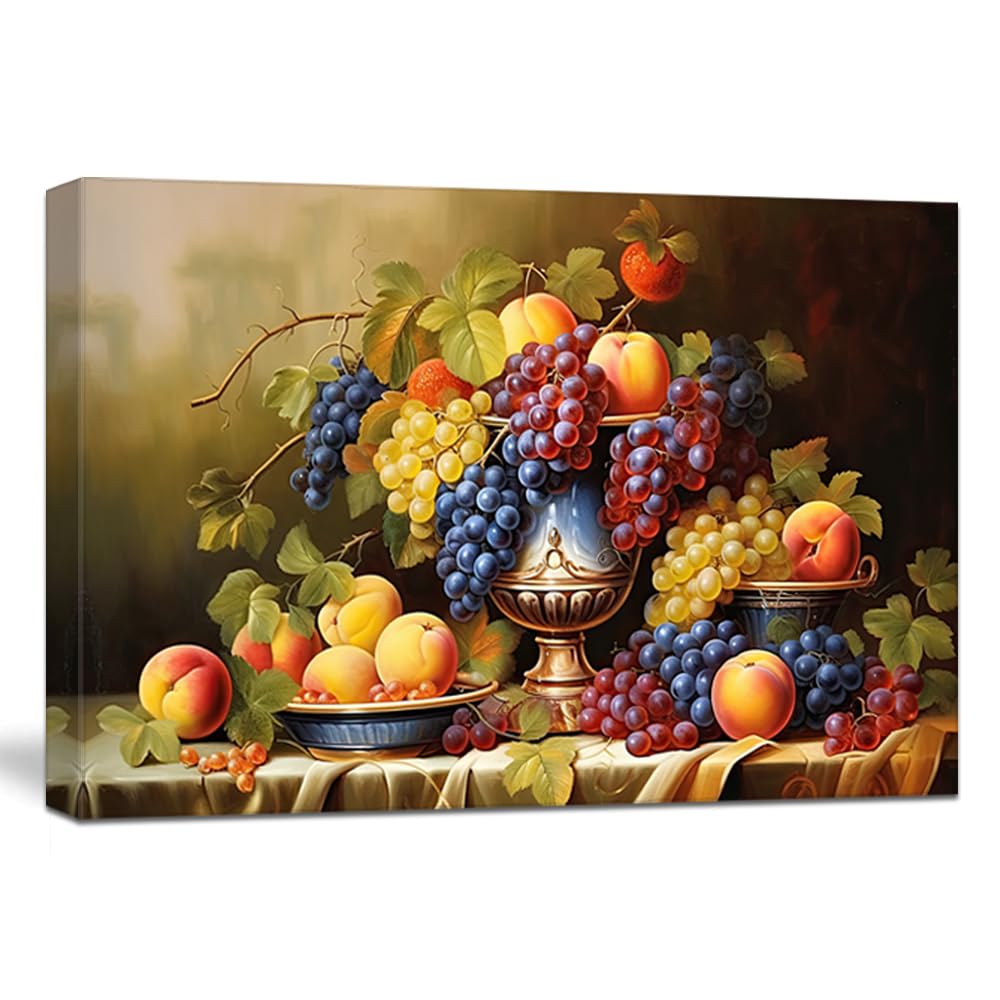 Tableau vintage fruits encadré pour masquer un mur vide de cuisine rustique