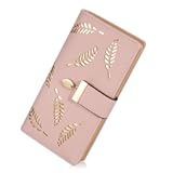 Women&apos;s Long Leaf Bifold Wallet Leather Card Holder Purse Zipper Buckle Elegant Clutch Wallet Handbag for Women - Pink