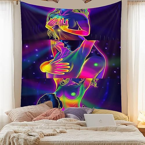 Miniatura 8 de Jhdstore Tapiz de los amantes para dormitorio, tapiz estético de luz negra, tapiz para colgar en la pared, tapiz reactivo a los rayos UV, póster