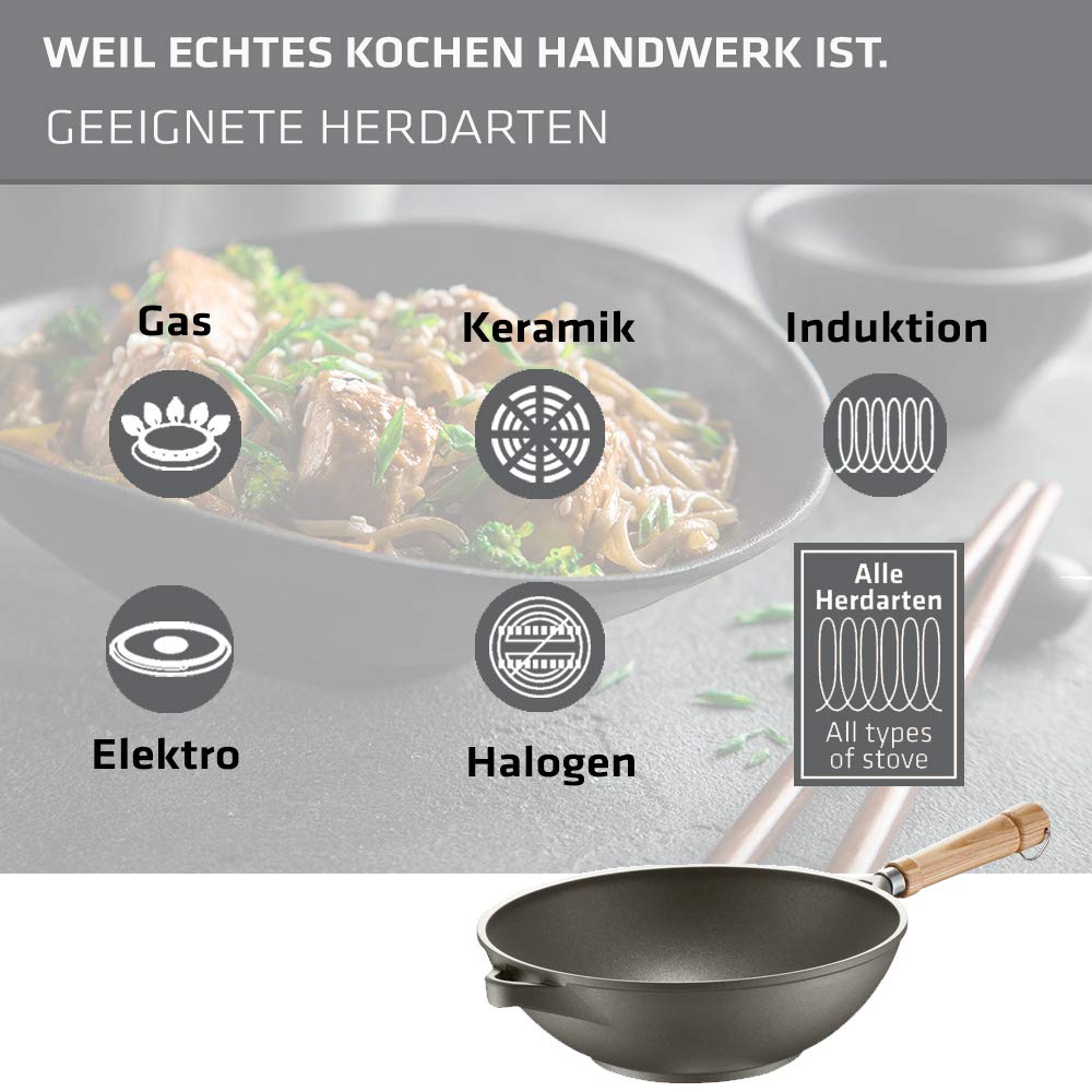 Berndes Veggi Bonanza - Wok de inducción de 28 cm, con 3 capas de sellado antiadherente y mango de madera, apto para todo tipo de fuegos, aluminio fundido robusto, revestimiento antiadherente