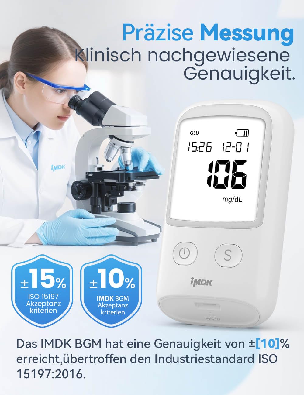 Blutzuckermessgerät-Set (mg/dl), 𝐊𝐥𝐢𝐧𝐢𝐬𝐜𝐡 𝐩𝐫ä𝐳𝐢𝐬𝐞𝐬 Blutzuckermessgerät mit 100 Teststreifen, 100 Lanzetten und 1 Stechhilfe – codierungsfrei & großes Display