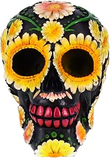 Resin Sugar Skull Black Day of the Dead Skull 2 P754754 - Sunflower Halloween Decoration Gothic DOD Skeleton Head Dia de Los Muertos - Sunflowers