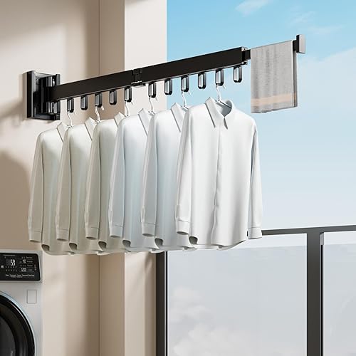 Miniatura 1 de Perchero plegable triple con brazo extendido, estante de secado de ropa montado en la pared para secar al aire, perchero plegable retráctil para