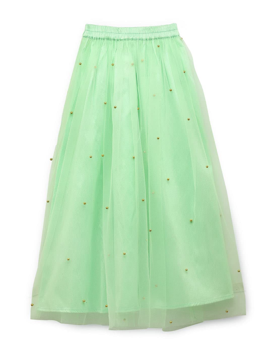 studio rasa Kids Girls Net Pearl Embroidered Gathered Skirt for Wedding Festive Party (GSC12210/3-4_Lime Green_3-4Y) 1