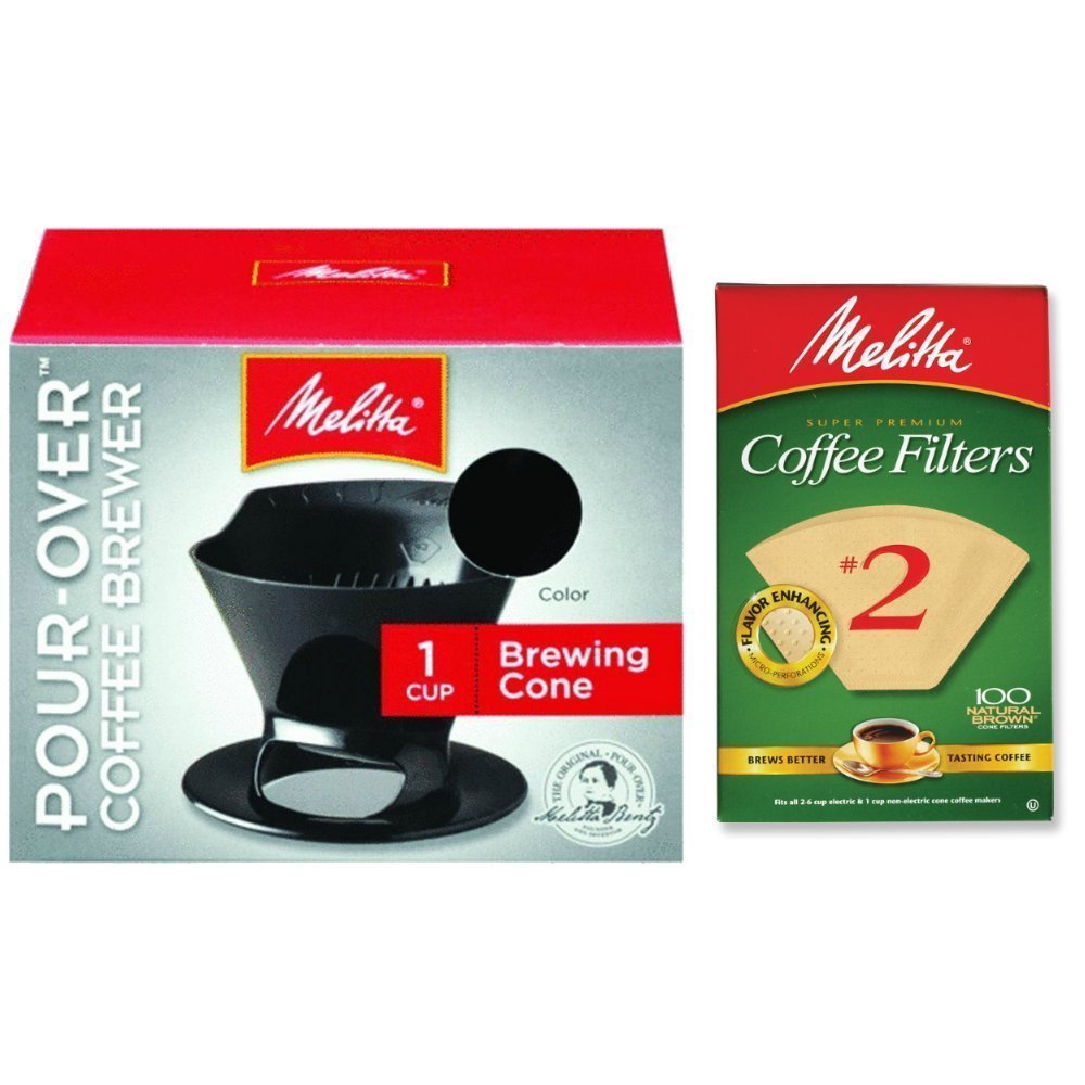 Pour Over Coffee Cone Brewer & #2 Filter Natural Brown Combo Set, Black