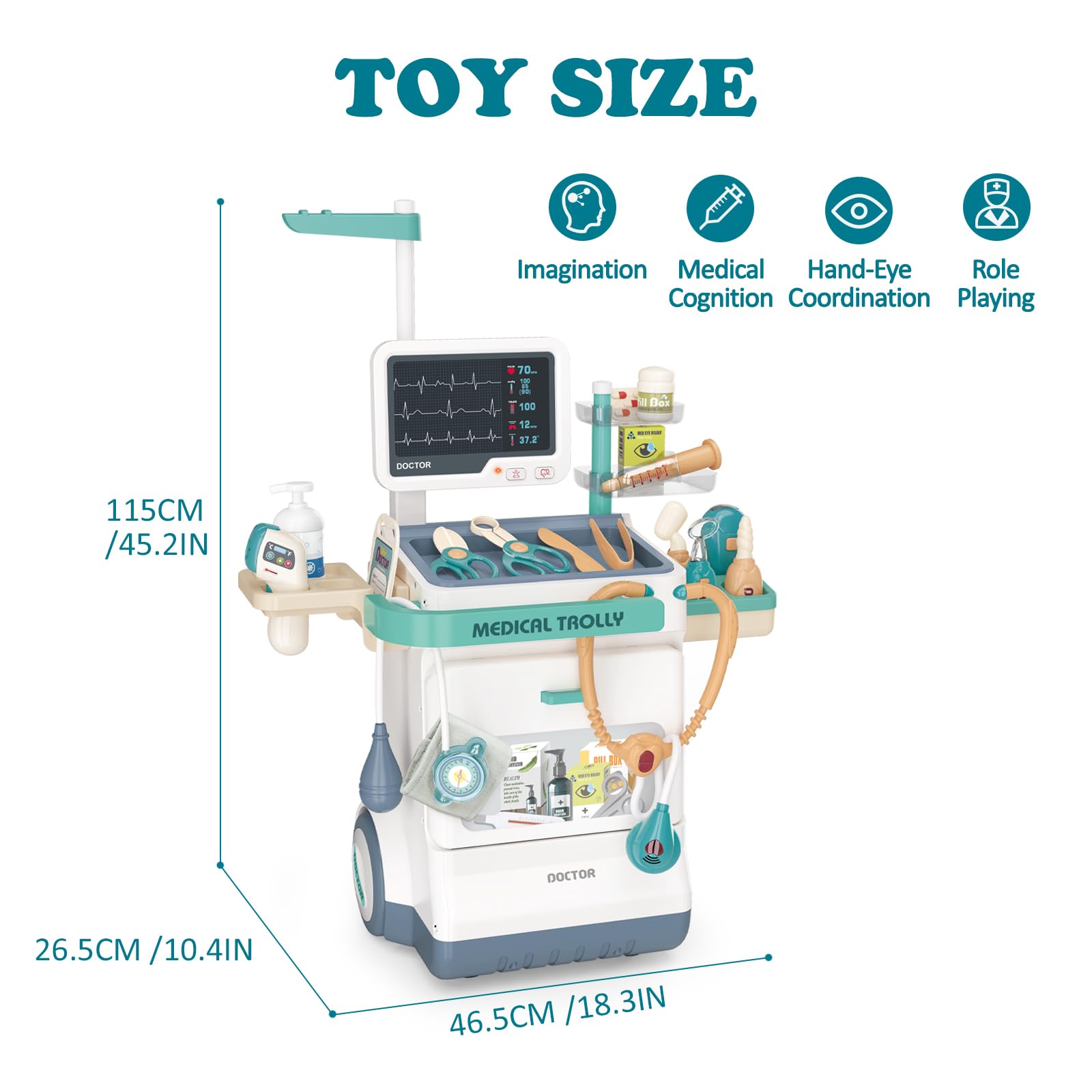 RedCrab Jouet Set Docteur Enfant, Chariot Médical Jeu Prétendant avec 26 Accessoires: Stéthoscope et Équipement Médical, Jeu de Rôle Éducatif Cadeau Jouet pour Enfant 3 Ans + Garçons Filles