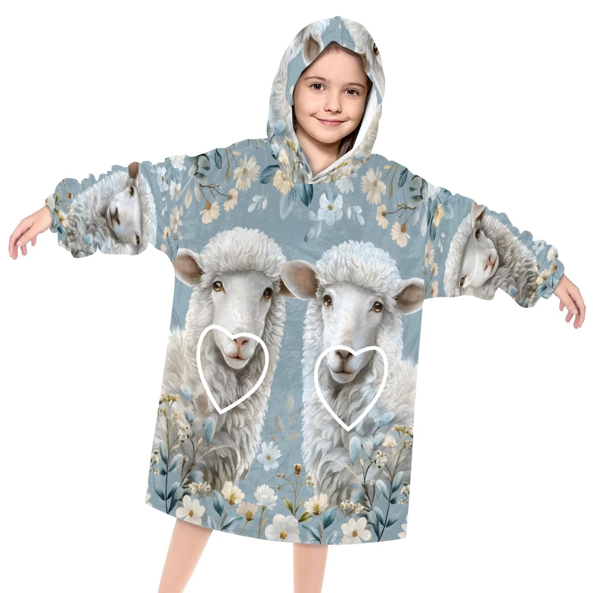 Pardick Wearable Blanket Hoodie for Kids, Playful Sheep Fleece Sweatshirt Blanket Oversized Blanket Sweatshirt with Pocket Flannel Warm Hooded Blanket 6-10 Year Old Girl Boy Gift, One Size