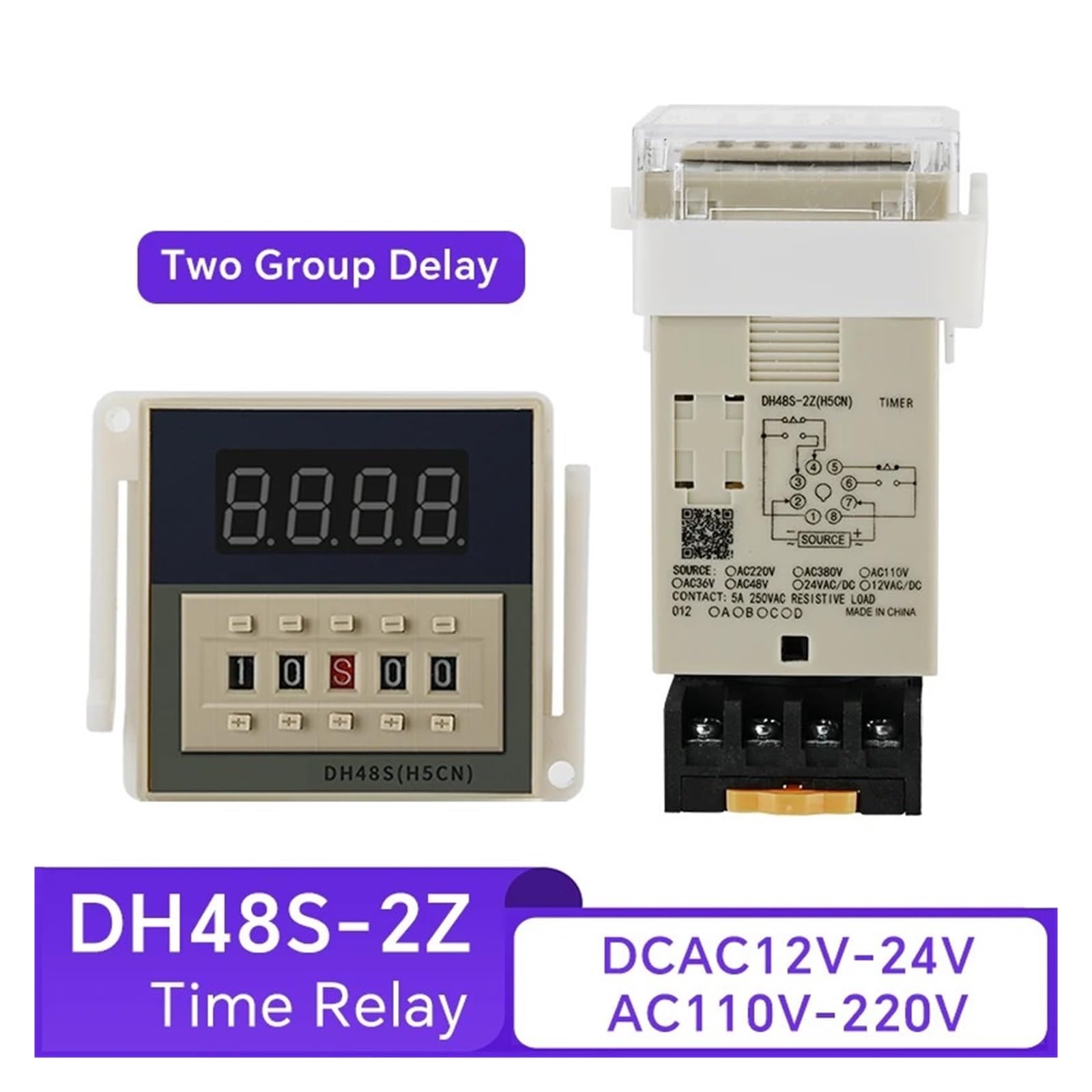 Relè temporizzato DH48S-2Z Relè temporizzatore programmabile Digitale Interruttore a Due Gruppi Ritardo 0,01S-99H99M con Base AC/DC 12V 24V 36V 110V 220V(DC AC 24V-220V)