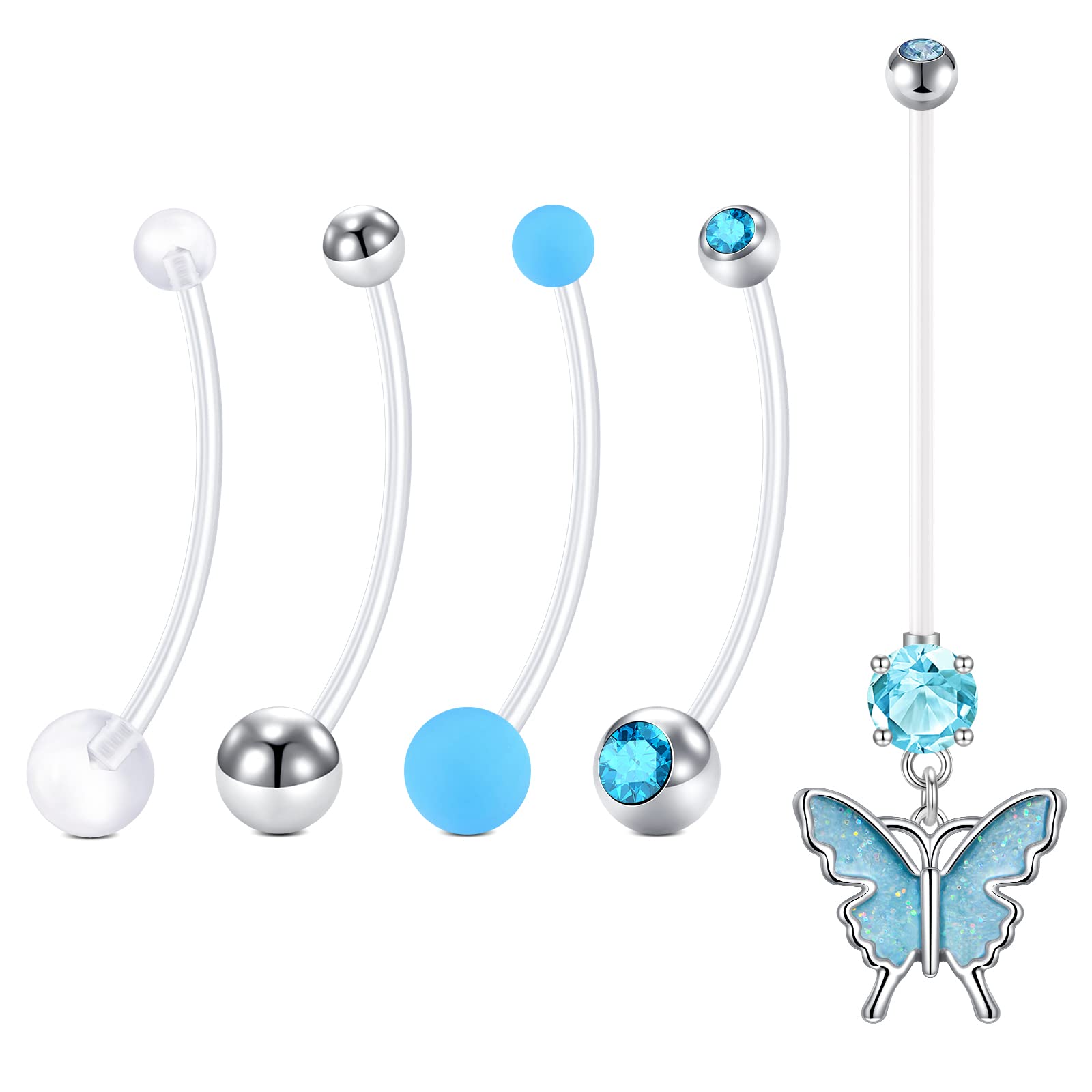 LAURITAMI 5pcs Piercing Ombligo Embarazada Maternidad Vientre Barra Acrílico Bioflex 32mm 14G Largo Mariposa Ombligo Piercing Joyas