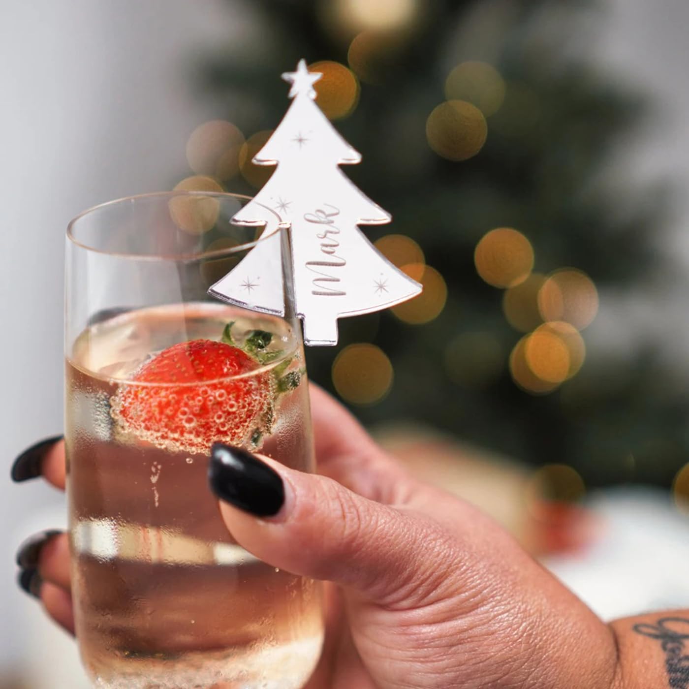 Lot de 100 étiquettes de Noël pour verres à vin - Décorations de table pour cocktail - Cartes de table personnalisées (argent miroir, 100 pièces)