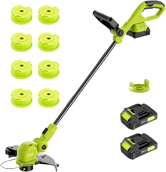 JAGROM 12-inch 20V Cordless String Trimmer with Charger, 2 X 2.0Ah Battery Powered with Auto Line Feed, Lawn Edger with 8 Pcs Grass Cutter Spool Line and 2 Spool Cap
