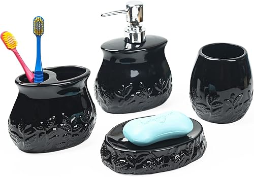 Juego de accesorios de baño de hojas en relieve de cerámica, conjunto de baño de 4 piezas con soporte para cepillos de dientes, taza para cepillos
