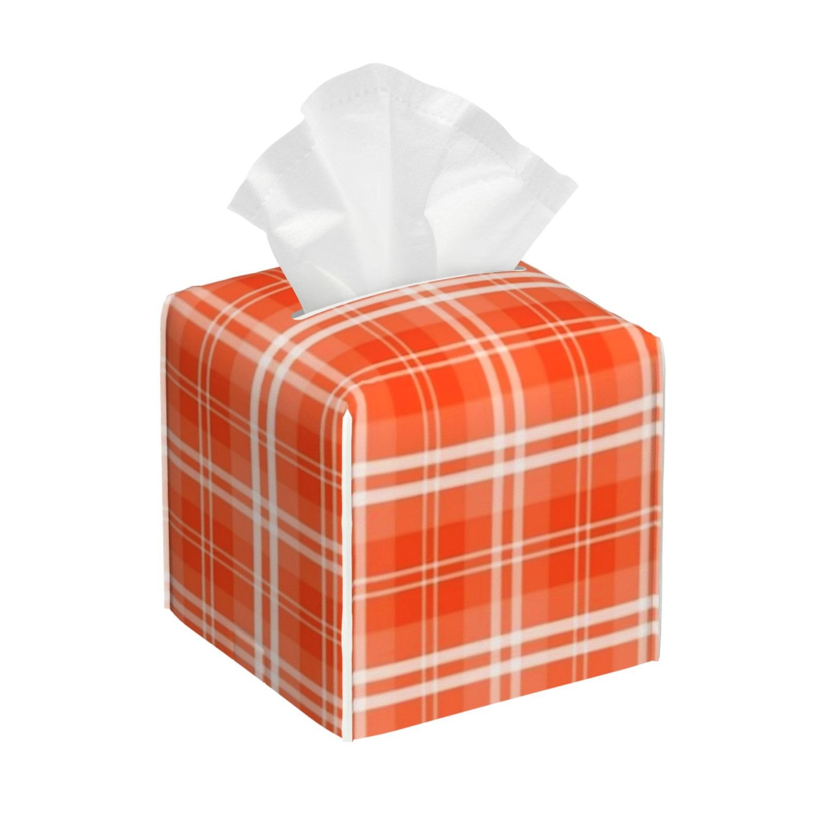 Bright Neon Orange and White Tartan Plaid Check Tissue Box Cover 5" Square Leather Tissue Holder Facial Tissue Case for Tabletop Bedroom Bathroom Desk Decor
