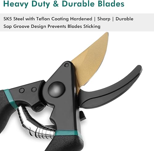 Miniatura 4 de RESTMO Tijeras de jardín, tijeras de jardinería resistentes con bloqueo de pulgar ajustable, podadoras de mano con cuchillas afiladas SK5, ideales