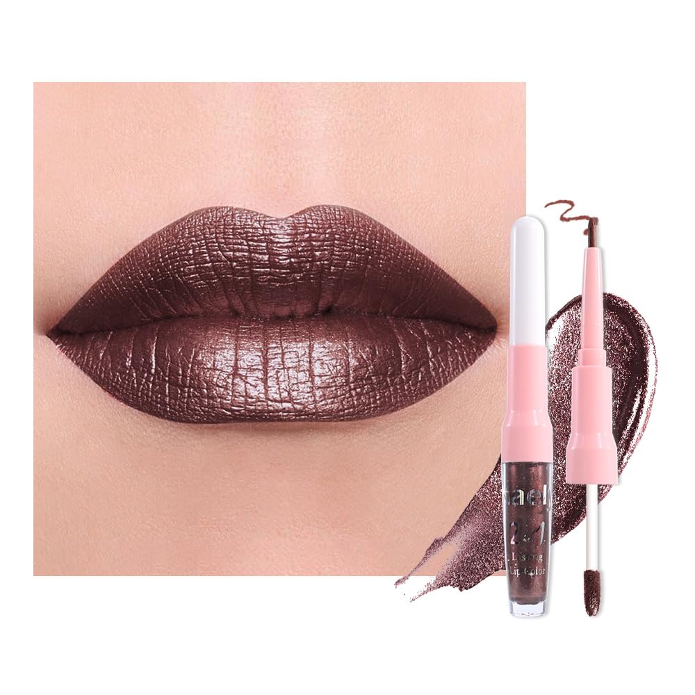 evpct Dark Brown Metallic Glitter Lip Liner and Lipstick Combo Lip Gloss Stain Set Makeup for Women Long Lasting Waterproof 24, Chocolate Metallic