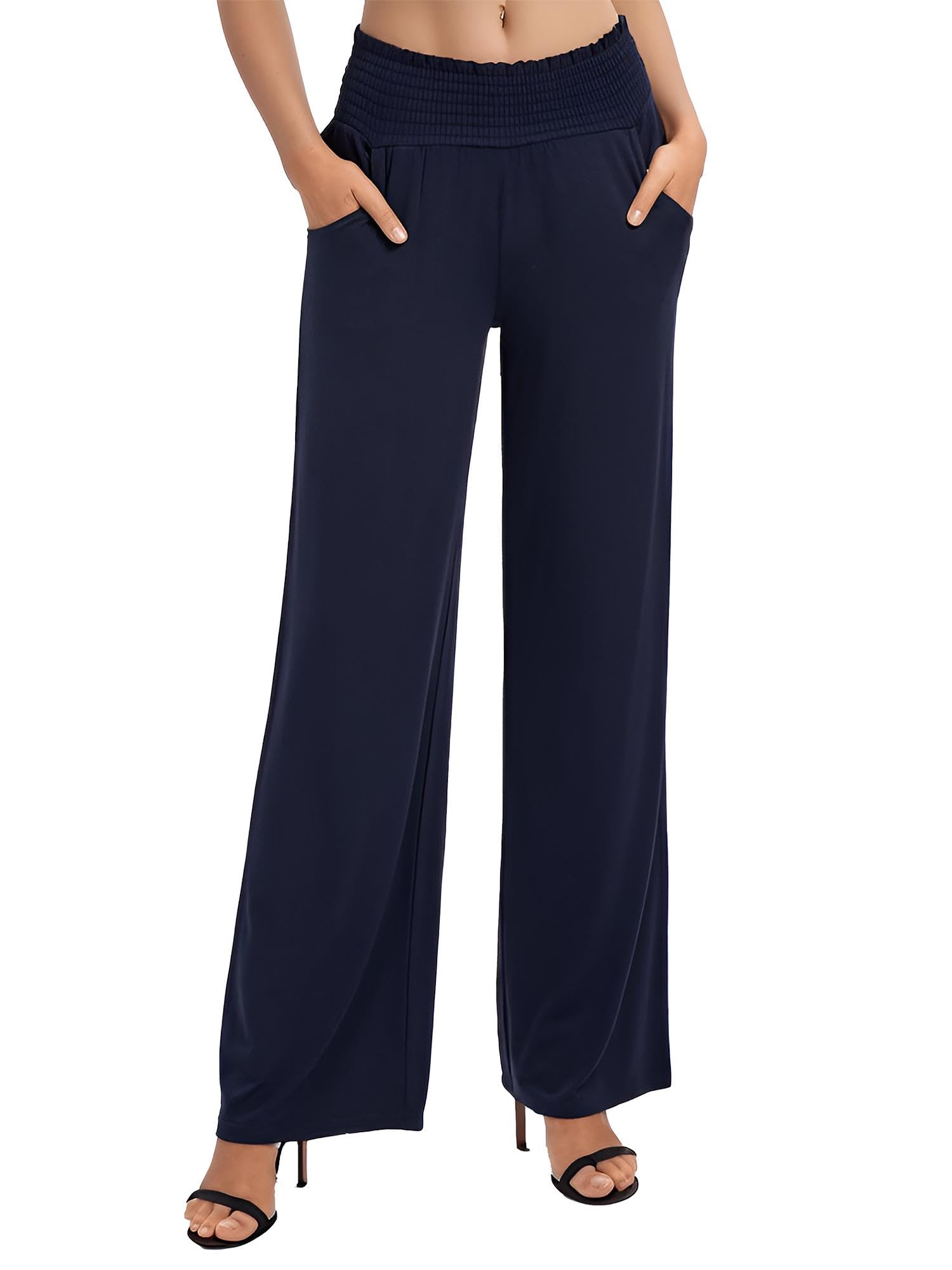 Womens High Waist Wide Leg Flowy Casual Pants with Pockets