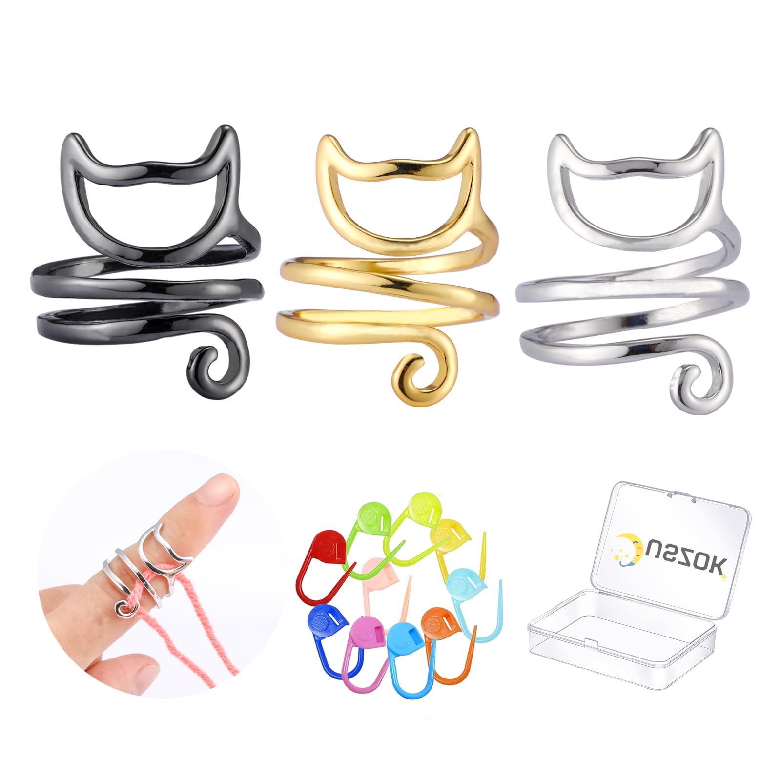 Juszok 3 Pcs Cat Crochet Ring for Fingers Adjustable Yarn Guide Tension Rings with 10Pcs Crochet Stitch Markers for Crocheting Knitting Accessories with Box for Women