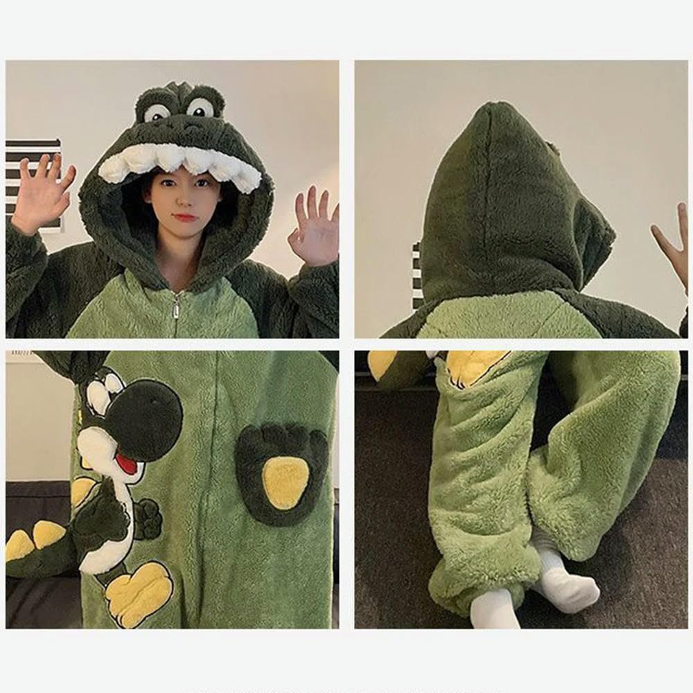 NYSDM Pigiama Invernale in Pile Corallo Spesso Set Coppia Carino Cartone Animato Dinosauro Pigiama per Dormire con Cappuccio Morbido Un Pezzo Pigiama