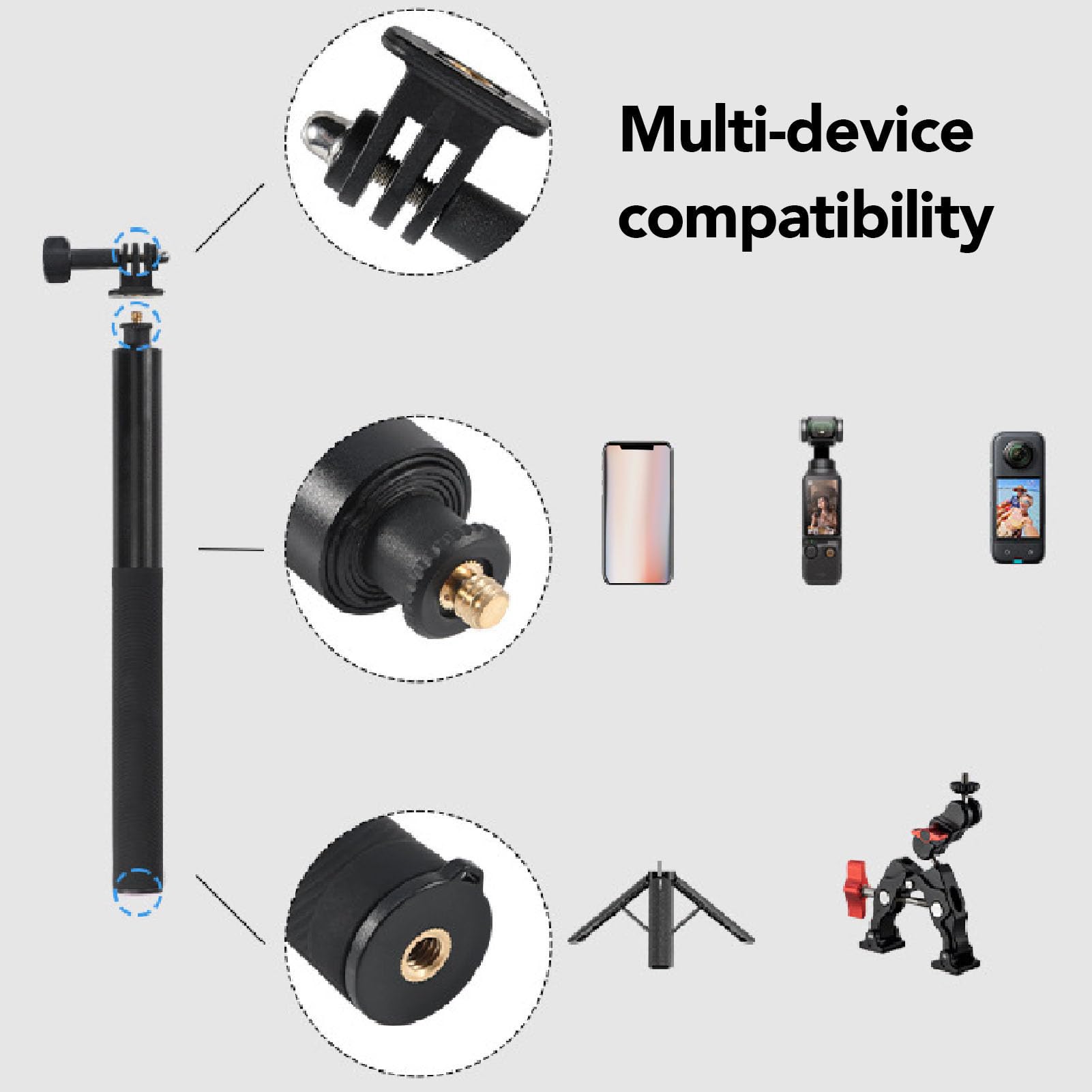 Selfie Stick Tripod, Extendable Invisible Selfie Stick with Ball Head Interface 1/4 Inch Screw, Anti Slip Grip, Adjustable Length, for Action Camera