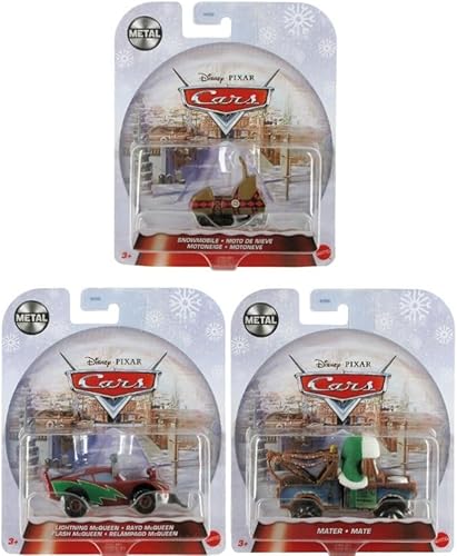 Mattel Disney Pixar Cars Holiday Christmas Edición Especial Invierno Series Juego de 3 vehículos fundidos a presión con Mater, Lightning McQueen y